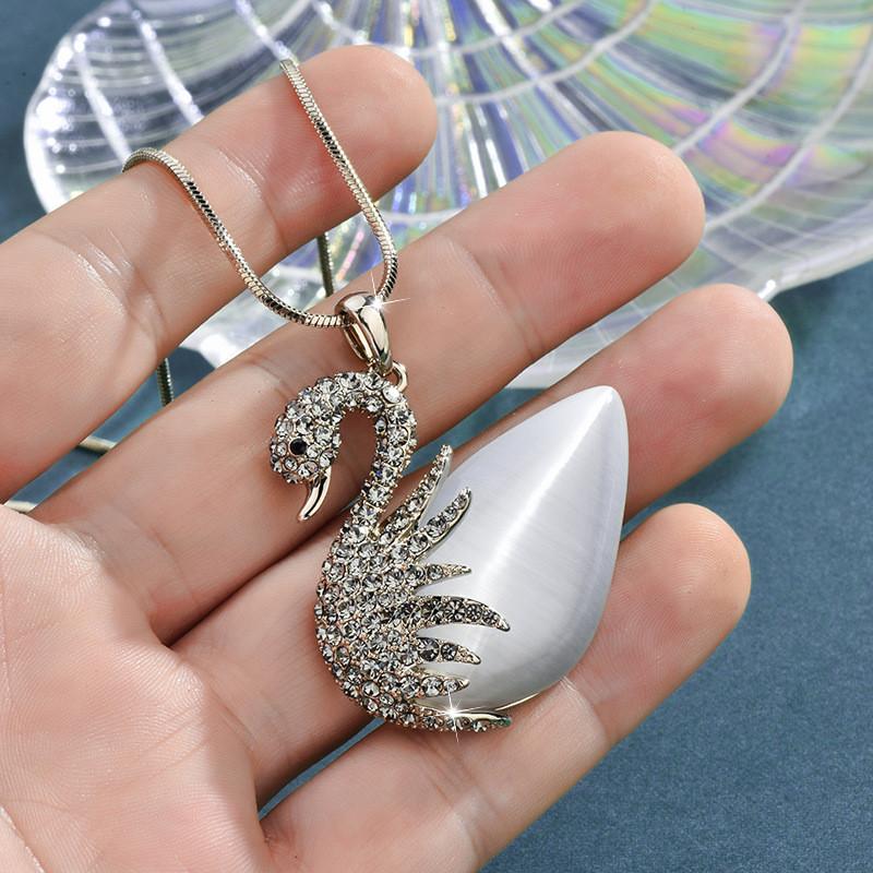 Necklace Swan Elegant For Women With Cats Eye Stone And Crystal Pendant Style In
