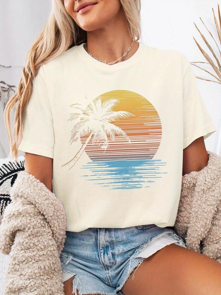 Tropical Palm Tree T-Shirt Soft Women's Tropical Palm Tree Graphic T-Shirt Short Sleeve Crew Neck Casual Top for Summer Woman