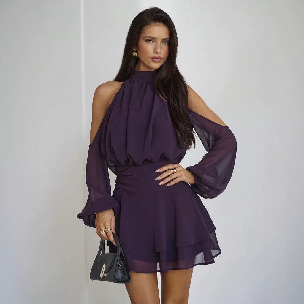 European and American new design neck small turtleneck dress, shoulder digging perspective horn long-sleeved ruffle edge skirt