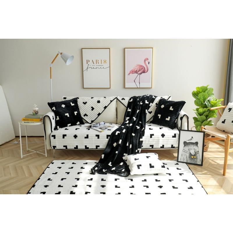 Sofa Cushion Autumn and Winter Leather Sofa Cushion Short Plush Cushion Black and White Flannel Cover Cover Anti-Slip Sofa Cushion