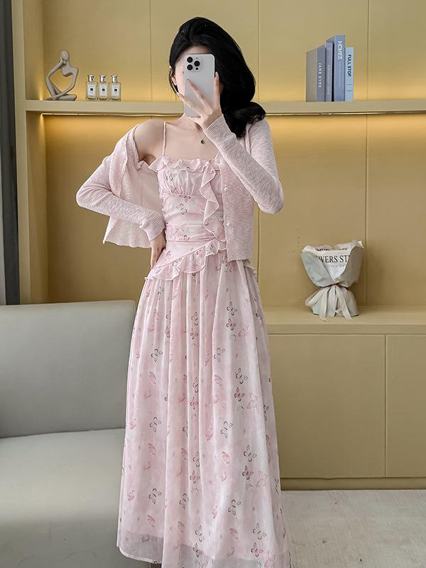 Summer Butterfly Floral Ruffle Camisole Dress – Slim Fit