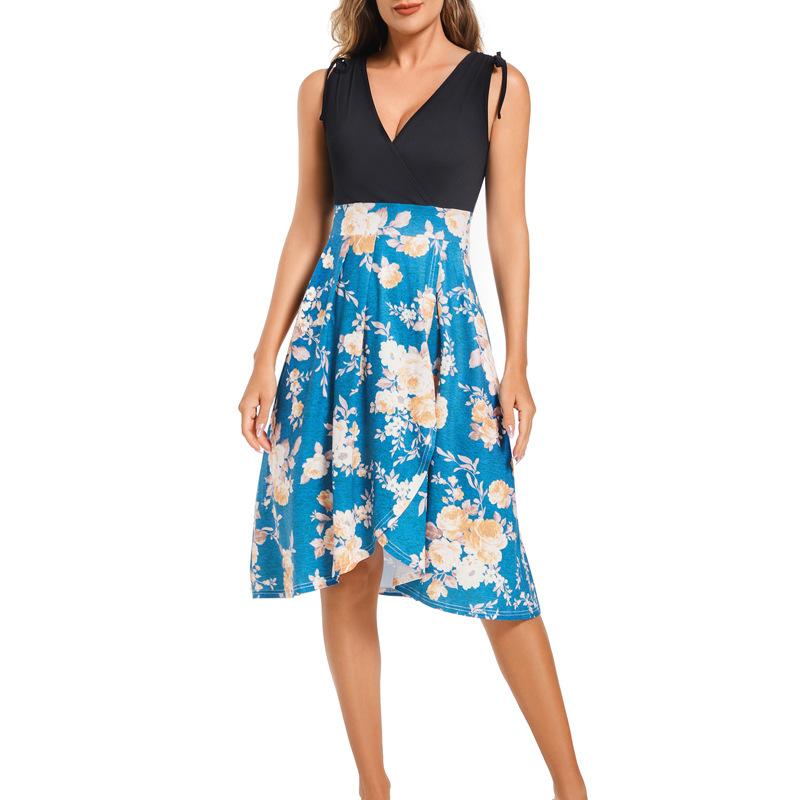 European and American women s clothing women s knitted splicing dress vest splicing split-ended printing dress S