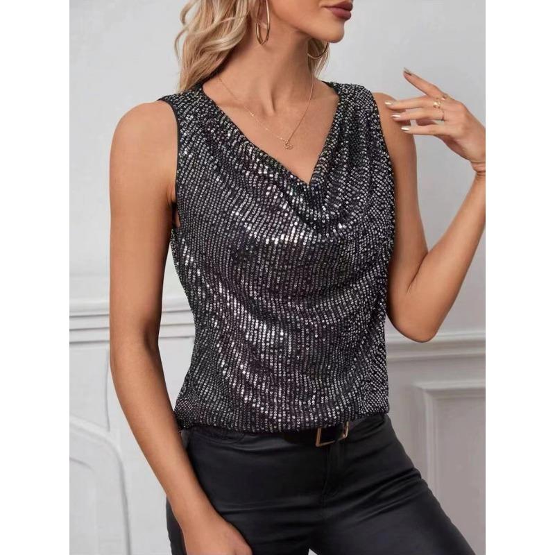 Women's New Sexy V-neck Bustier Fashion Sequins Loose Short Pullover Tank Tops