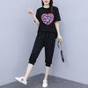 Women's Casual Sports Women's Summer New Korean Version Fashion Short-sleeved Cropped Pants Two-piece Set Internet Celebrity Large-size Printing