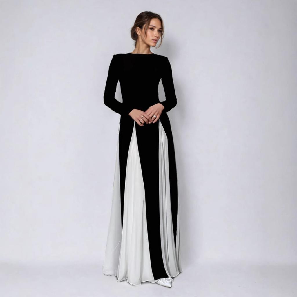Fall Winter New European American Women's Clothing, Crew Neck Colorblock Long Sleeve High Waist Slim Elegant Vintage Evening Dress