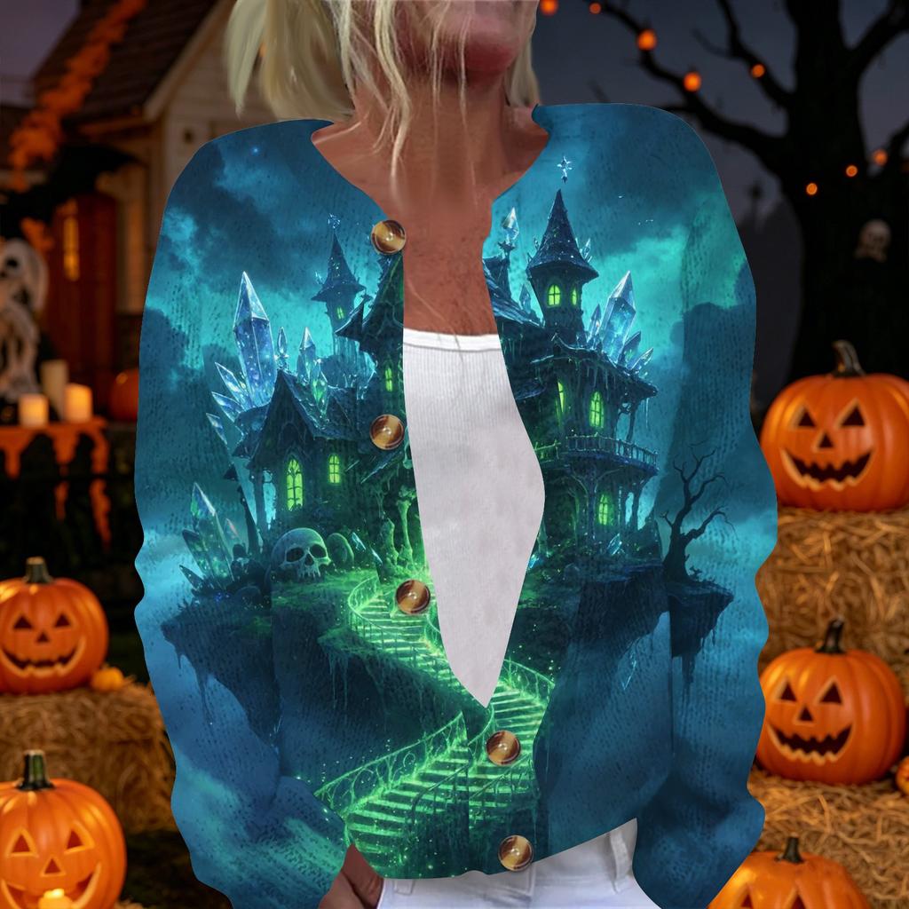 Womens Halloween Print Long Sleeve Knit Cardigan Button Up Sweater Coat Gothic Castle Bat Moon Design Outerwear