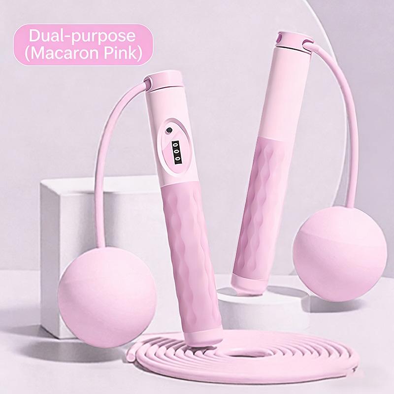 

Регульована обтяжена скакалка зі сталевим тросом та ручками-кульками, цифровий лічильник для кардіотренувань рожевий