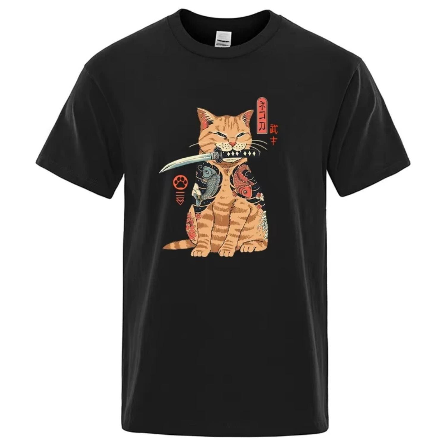 

Summer Men s T-shirt Top Quality 100% Cotton Short Sleeve Cool Knife Cat Print for Men O-neck Casual Loose Hip Hop Male Tees Top S чёрный
