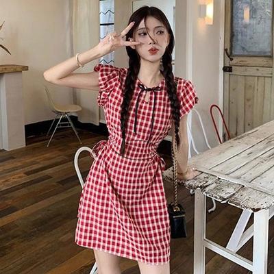 Sweet Spice Girl Plaid Hollow Dress Women's Summer Design Unique Bubble Sleeves Small Waist Temperament Short Skirt
