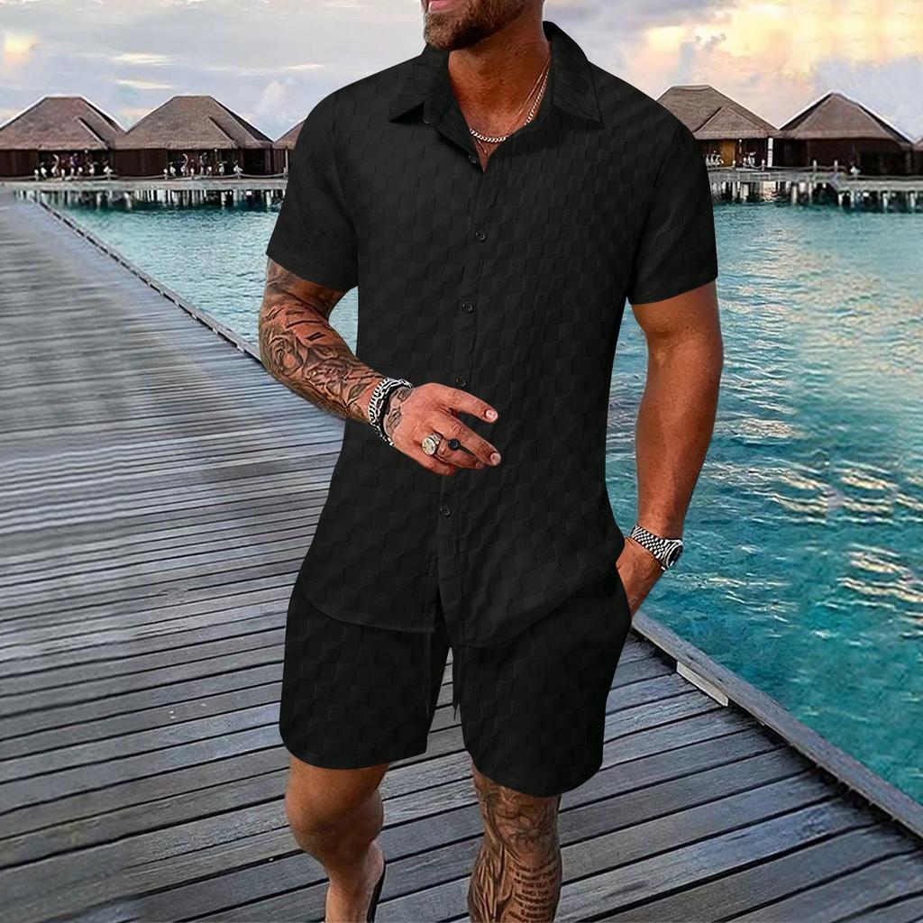 Men's Checkerboard Casual Short Sleeved Shorts Set
