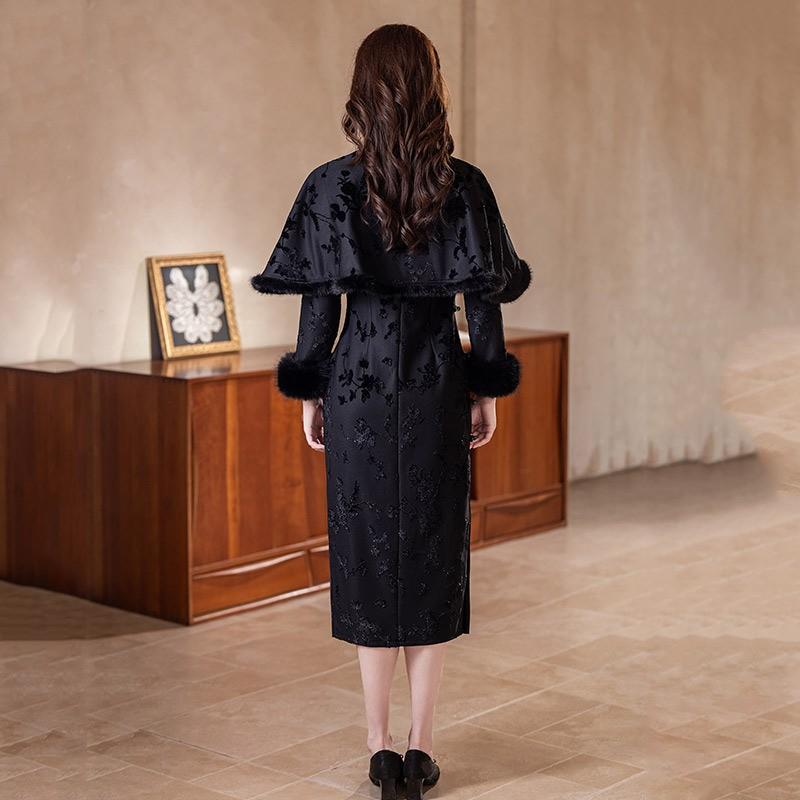 Black Fleece-Lined Modern Chinese Style Long Sleeve Cheongsam Dress With Shawl Winter Women Vintage Elegant Outfit