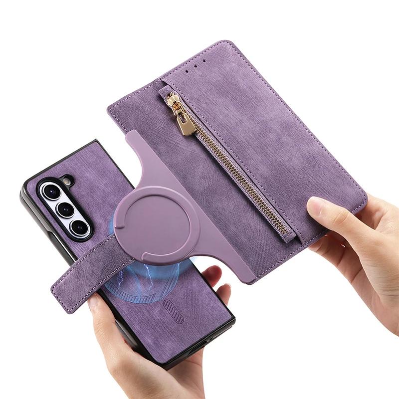 Magnetic 2 in 1 Detachable Flip Card Wallet Case for Magsafe Samsung Galaxy Z Fold 7 6 5 4 3 Zipper Cards Solt Leather Bag Cover
