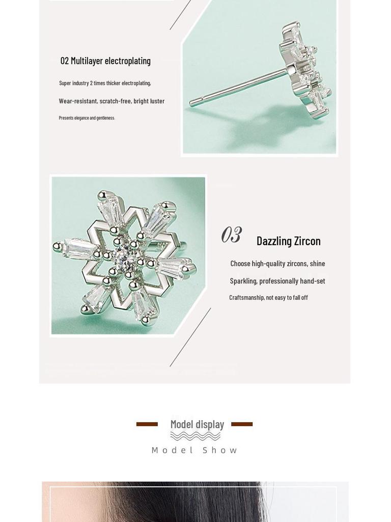Romantic Snowflake Zircon Stud Earrings - Women's Elegant Charm with Inlaid Diamond and Leaf Design