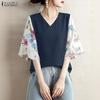 ZANZEA Damen Lässige V-Ausschnitt Print Patchwork 3/4 Ärmel Lockere Bluse