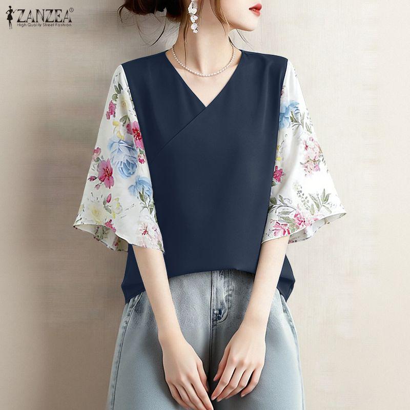 ZANZEA Damen Lässige V-Ausschnitt Print Patchwork 3/4 Ärmel Lockere Bluse