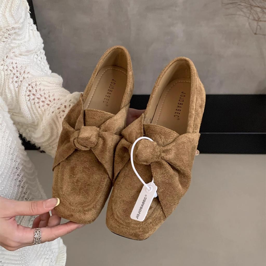 Bow flat-soled single shoes women's suede Doudou shoes 2025 autumn new retro square head one-pedal loafers
