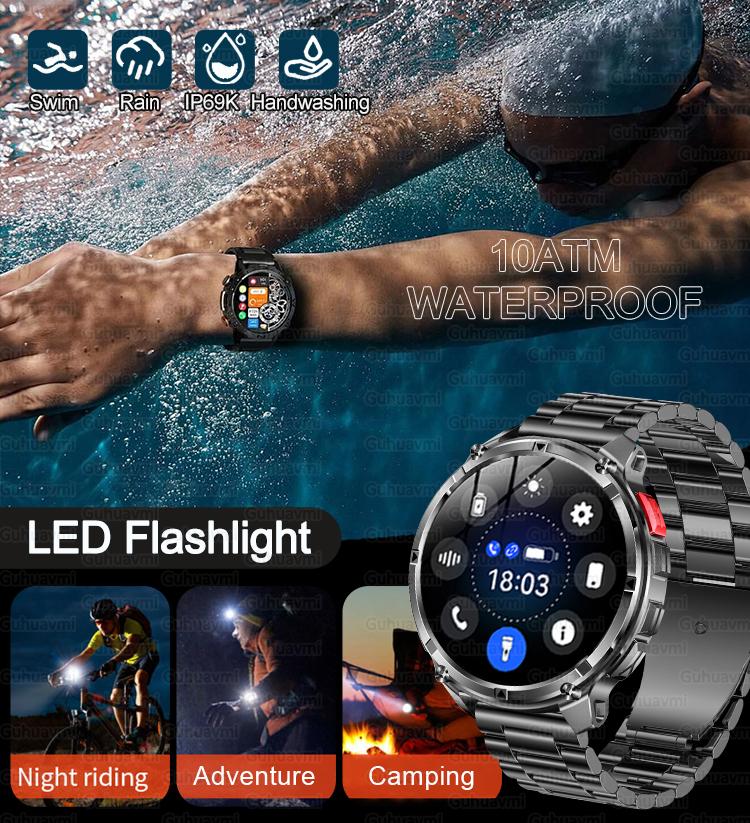 1100mAh Large Battery Durable Adult Smart Watch GPS Strong Flashlight 10ATM Waterproof BT Call Sport Smartwatch Men