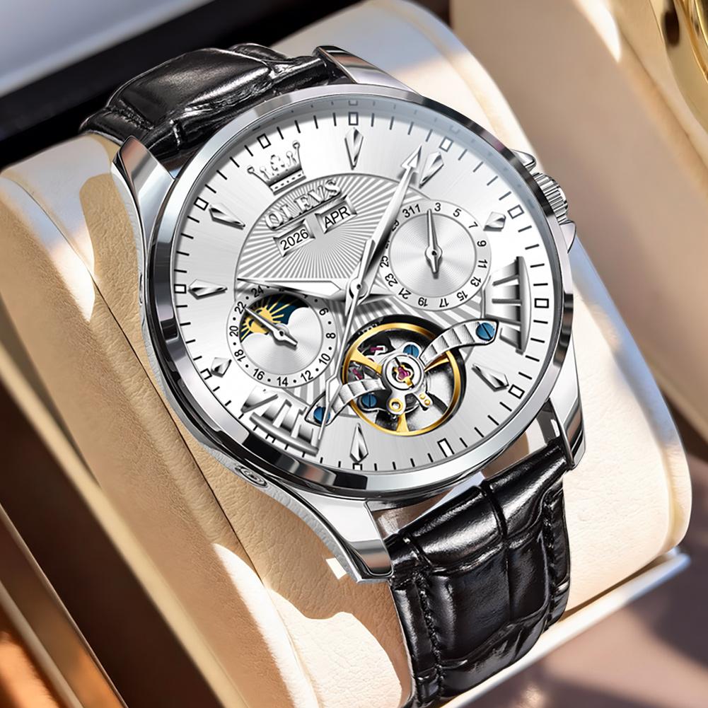 OLEVS Men's Watches Casual Fashion Leather Strap Original Automatic Mechanical Flywheel Movement Moon Phase Calendar Luminous
