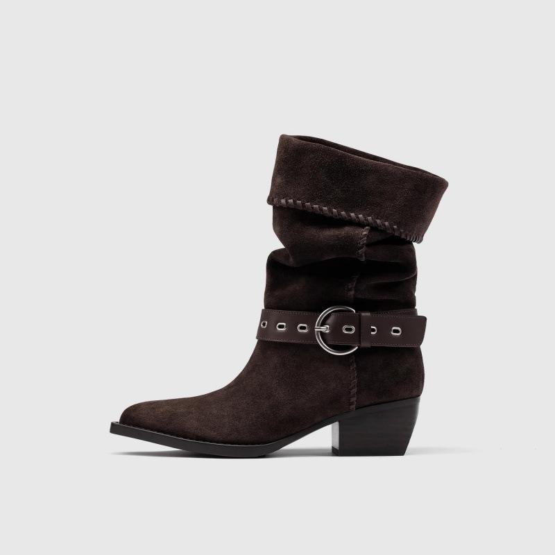 Zhong Chuxi leather stacking boots women's western cowboy boots retro medium tube knight boots pleated pointed short boots