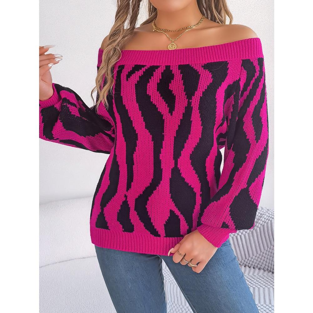 Autumn and Winter Casual Contrasting Color One-line Collar Off-shoulder Lantern Sleeve Sweater