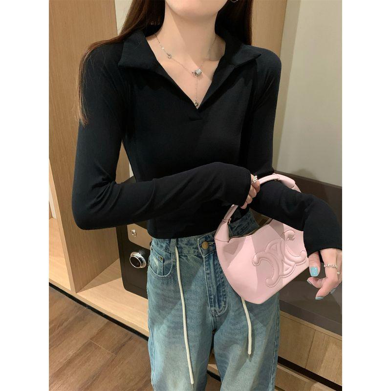 Kumikumi Gyaru Style Polo Collar Solid Long sleeves Shirt Women clothes Autumn Chic Age-Reducing Slimming Slim fit Top