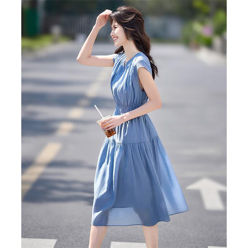 Elegantes Midi-Kleid im französischen Stil aus Tencel mit V-Ausschnitt und A-Linie