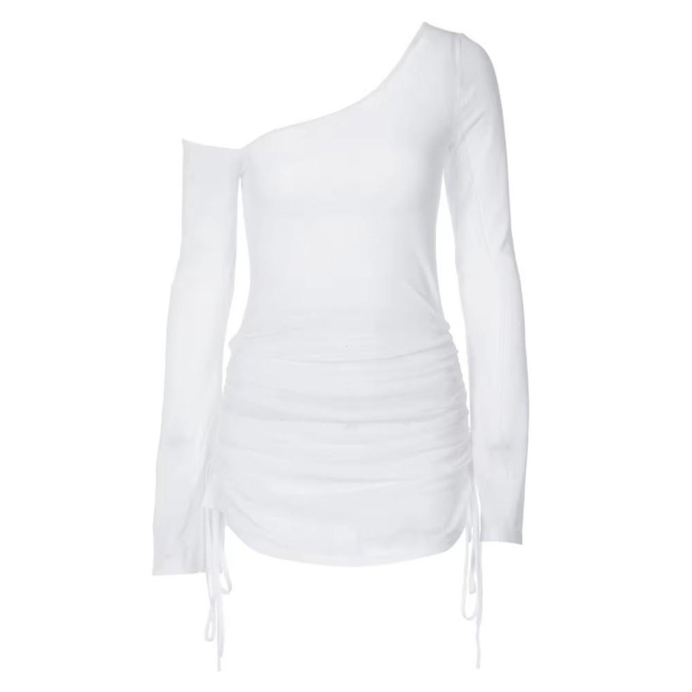 Stylish Solid Color Swimsuit Coverup Lace-Up Skew Collar Bikini Dress Shirt See Through Mini Dress Beach Party