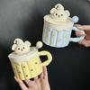 Cute Puppy Mug with Lid Ceramic Cup Large Capacity Home Office Dormitory Coffee Breakfast Cup Girls