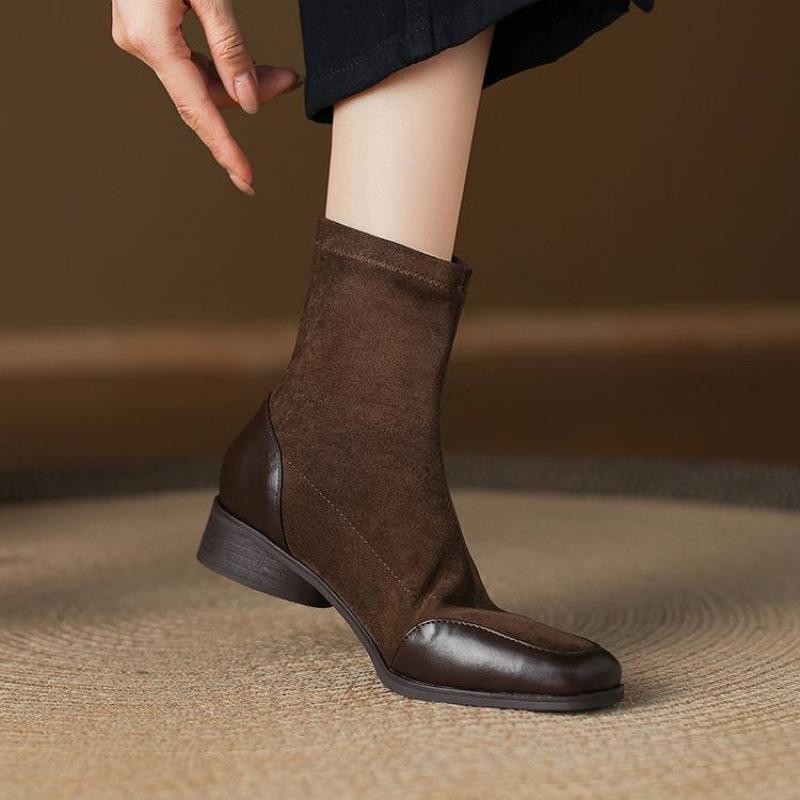 New Square Head Women's Large Size Martin Boots Solid Color Elastic Suede Low Heel Women's Boots Autumn and Winter Square Heel Medium Boots Women's