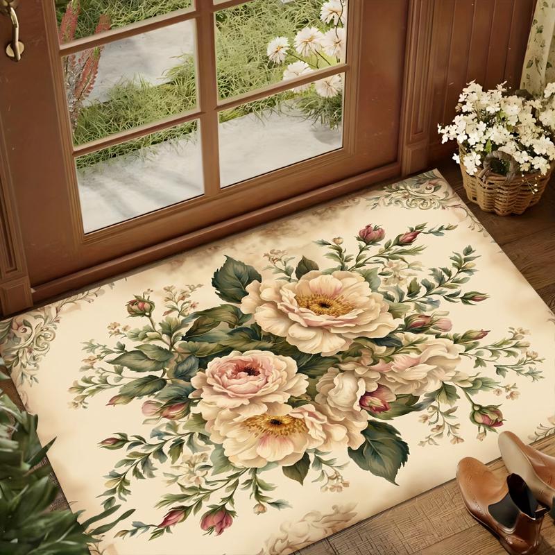 European Flower Carpet Entryway Rug Floral Peony Non Slip Washable for Living Room Bedroom Mothers Day Gift Spring Home Decor