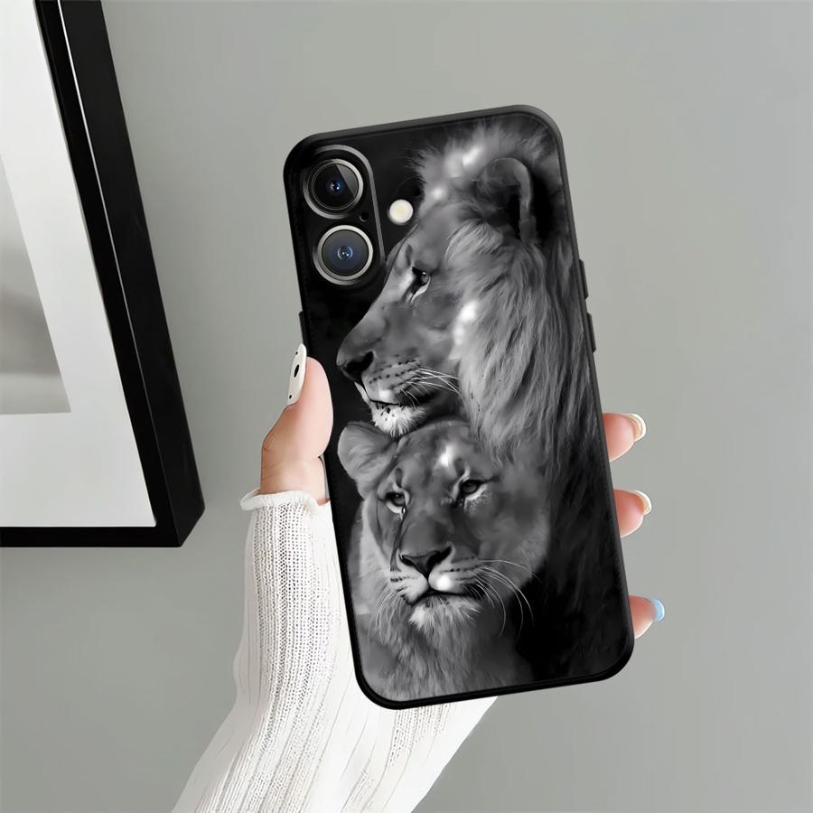 Black Soft Phone Cover Case for iPhone XR 7 8 17Air 15 16 14 Plus XS Max 13 12 11 17 Pro Max Animal Lion Pattern