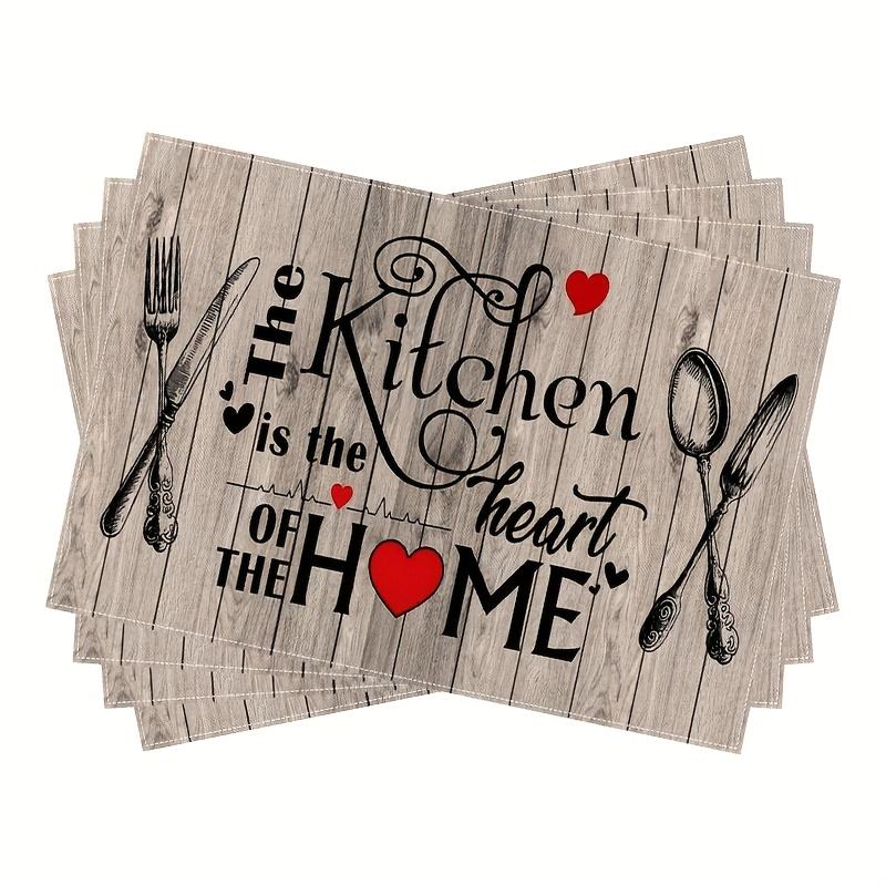 

4pcs Set, Country Wood Grain Kitchen Placemats with Kitchen is Heart Print, Polyester Table Mats, Suitable for Home and Dining Decor 12×18 inches
