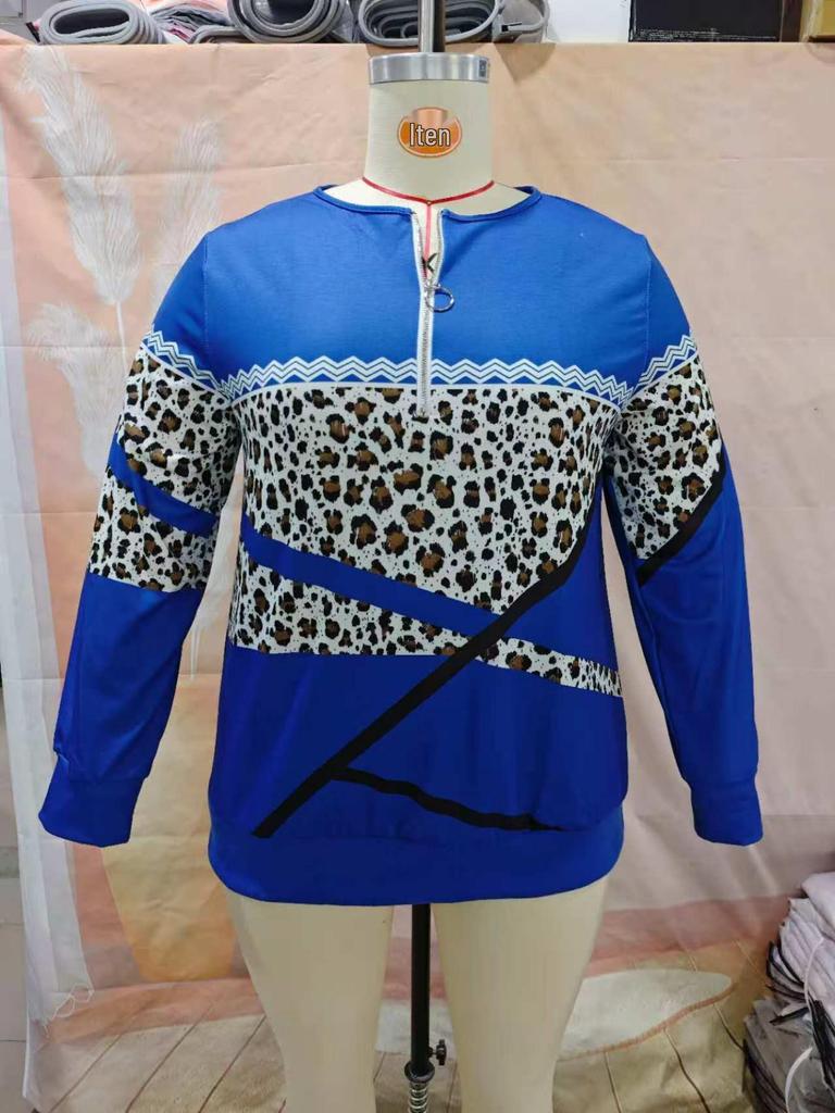Women's European V-Neck Zipper Top - Autumn/Winter Long-Sleeve Print