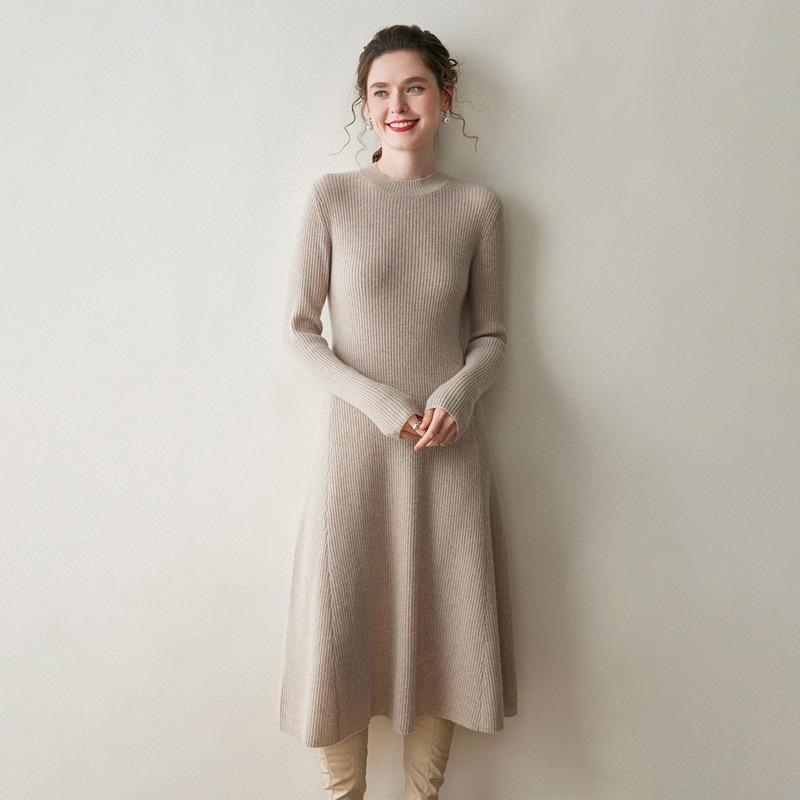 Women's Cashmere Ribbed Midi Dress - Autumn/Winter Solid Color, Slimming Over-Knee Wool Sweater.