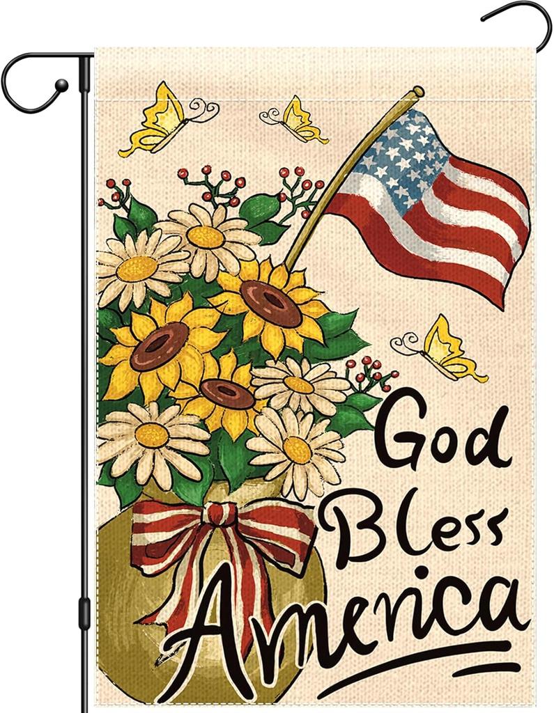 Patriotic Garden Ag 12x18 Inch Double Sided, God Bless America Daisy In a Jar Summer Oral Yard Ag, Small Independce Da EEL