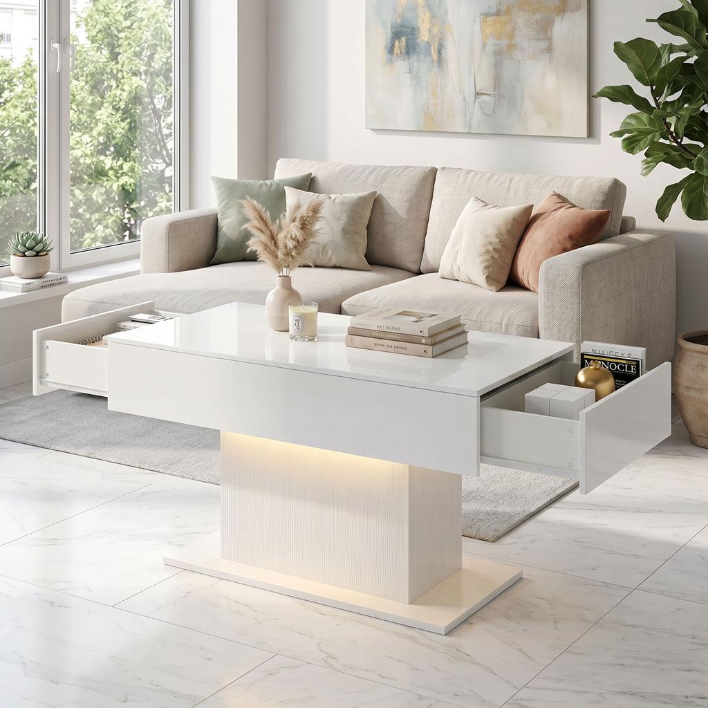 LED Coffee Table with Storage, High Gloss, Modern, 2 Drawers & Remote Control, White