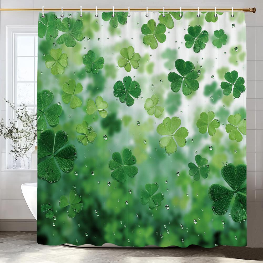 Green Leaves, Lucky Grass Clover Pattern Shower Curtain, Bathroom Decorative Shower Curtain, Home Curtain With Hooks
