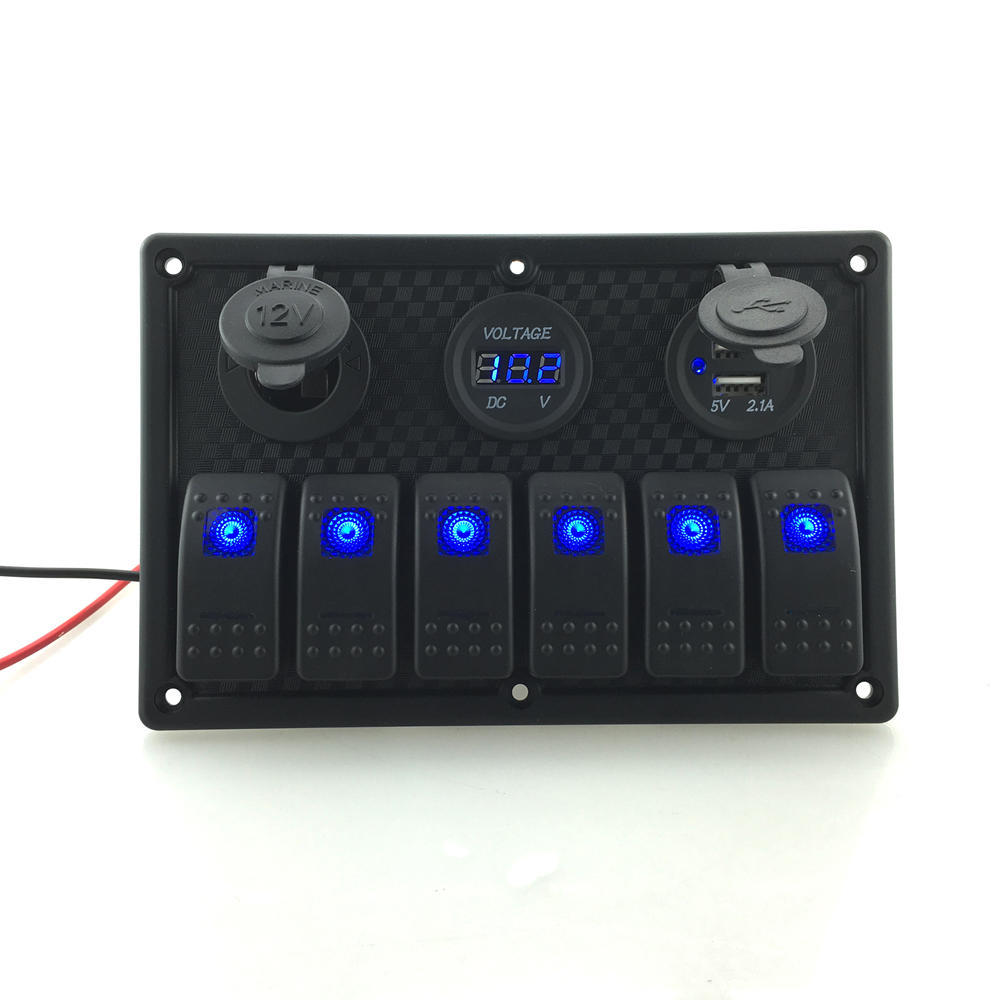 Gang Marine Boat Rocker Switch Panel With Fuse 3.1A Dual USB Slot Socket + Digital Voltage Display + Cigarette Lighter LED Light