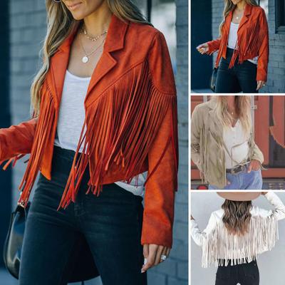 Bayanlar Sonbahar Bahar Ceket Saçak Püskül Düz Renk Uzun Kollu Çentik Yaka Hırka Slim Fit Kısa Tip Bayan Ceket