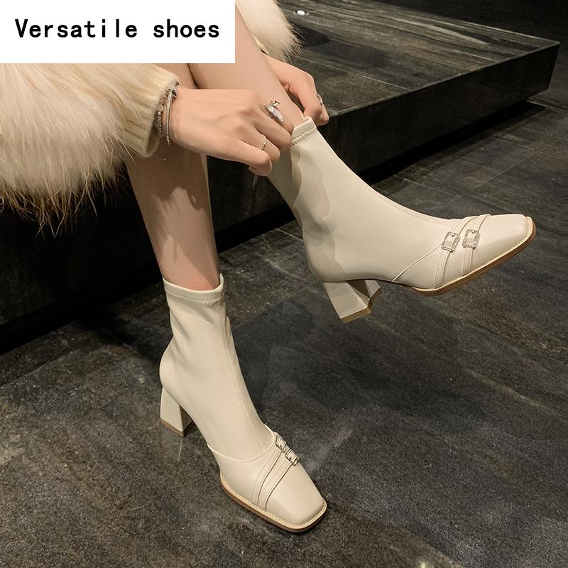 Dicke Absätze Stiefeletten Damen Street Style Schmal Eckige Zehen Reißverschluss Herbst Winter Strass Damen Schuhe