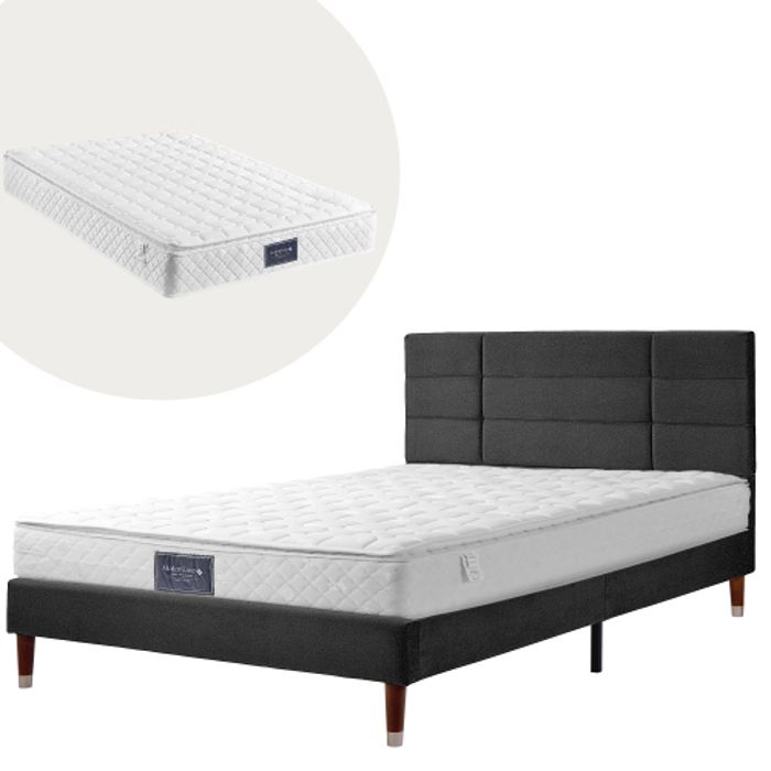 Lit double capitonné - MUVOE - 140x200cm - Lin noir - Matelas inclus - Design classique