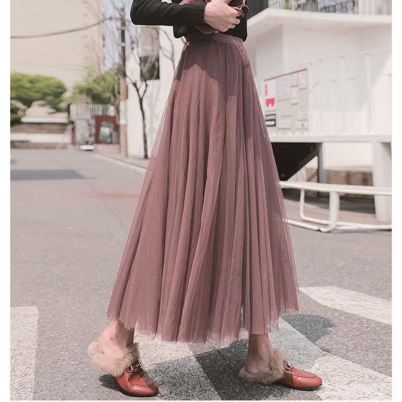 Vintage Tulle Skirt Women Streetwear Elastic High Waist Mesh Pleated Skirts Summer Elegant Korean A Line Office Ladies Skirt