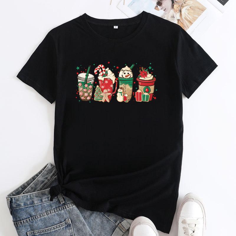 Summer Loose Christmas Print Pure Cotton Round Neck Short Sleeved T-Shirts Women’s