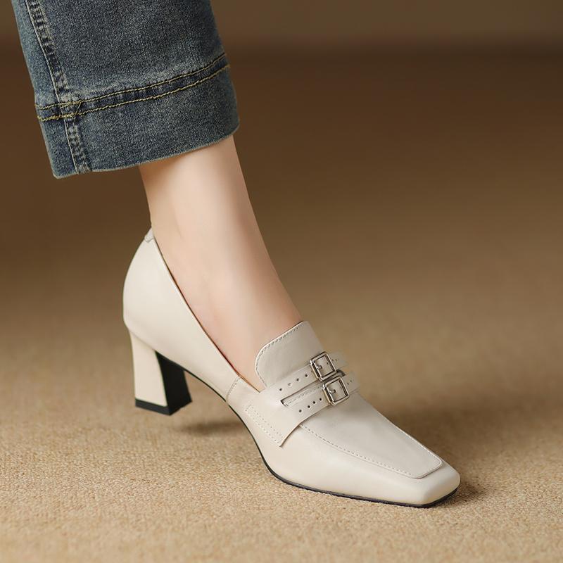 Fashion Women's Shoes Genuine Leather Shoes High Heel Fashion Retro Elegant Square Toe Comfort Casual Shoes Woman Commute Office Pumps