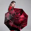 Automatic Folding Umbrella Red Rose with Water Droplets. Portable Collapsible Design, Casual Outdoor Accessory, Christmas Birt