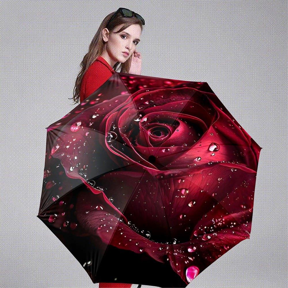 Automatic Folding Umbrella Red Rose with Water Droplets. Portable Collapsible Design, Casual Outdoor Accessory, Christmas Birt