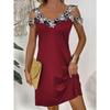 Women's Floral Applique Casual Cold Shoulder V Neck Dress Clothing
