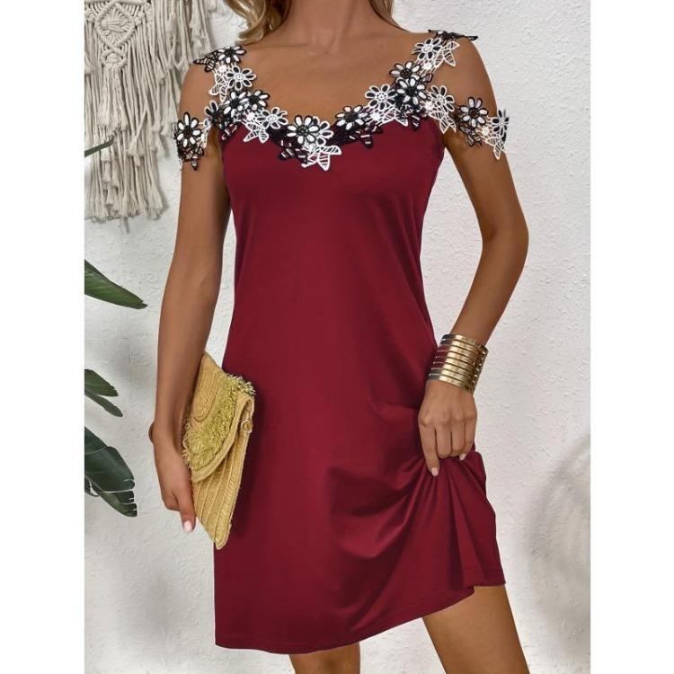 Women's Floral Applique Casual Cold Shoulder V Neck Dress Clothing