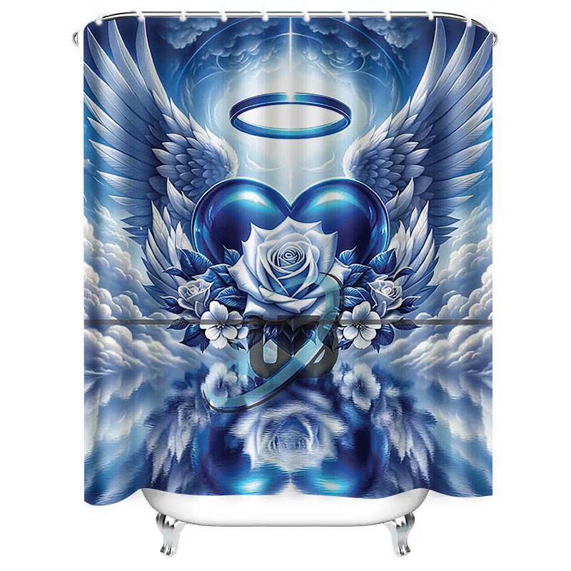 Blue Angel Wings and Heart Waterproof Shower Curtain Heat Resistant Machine Washable Non-Transparent 180x180cm
