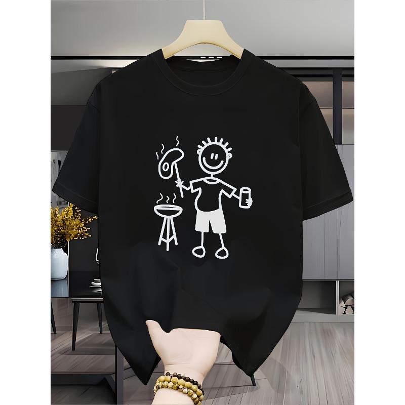 European sizes Men'S Stylish Round-Neck T-Shirt with Barbecue Illustration Print, Perfect for Casual Outdoor Wear